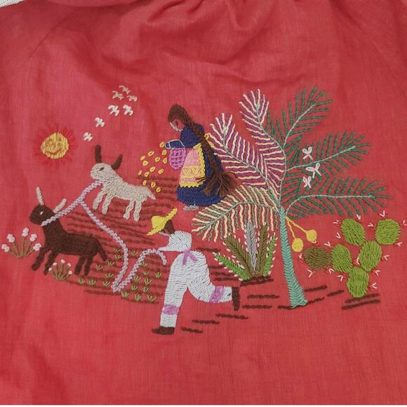 HILOS DE SOL Dalia Mexican embroidered linen lace belted red dress Size S M NEW - Picture 4 of 9